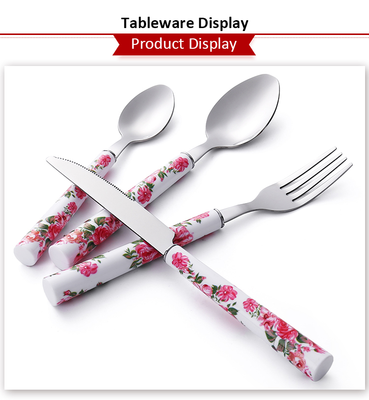 Flatware Set Wedding ceramic like heat transfer printing plastic handle cutlery set