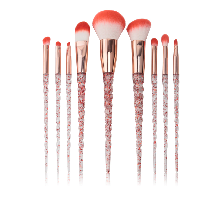 Spiral Crystal Glitter Handle Makeup Brush Set With 9PCS Brushes