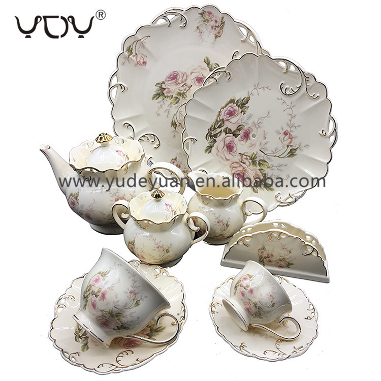 embossed modern fine china fancy cup flower 24pcs coffee tea set porcelain