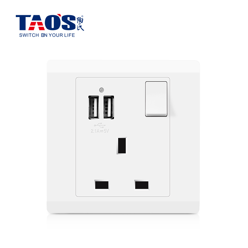 13A 1 gang switched socket, DP + 2*USB (2.1A shared) +neon (switch control USB)