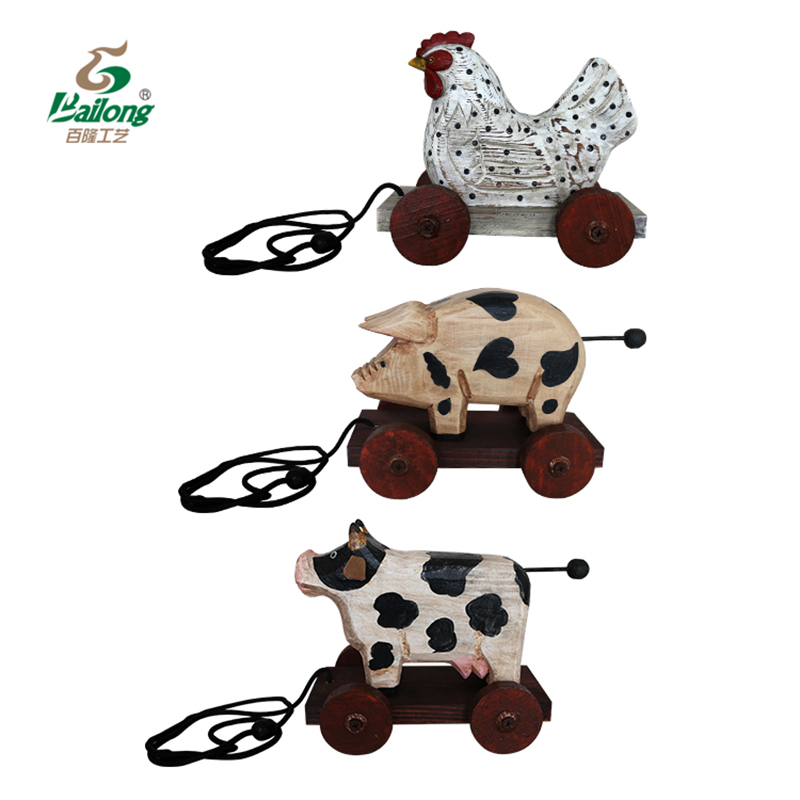 Factory Custom Hand Craved Farmhouse Animal Pulling Kids Toy