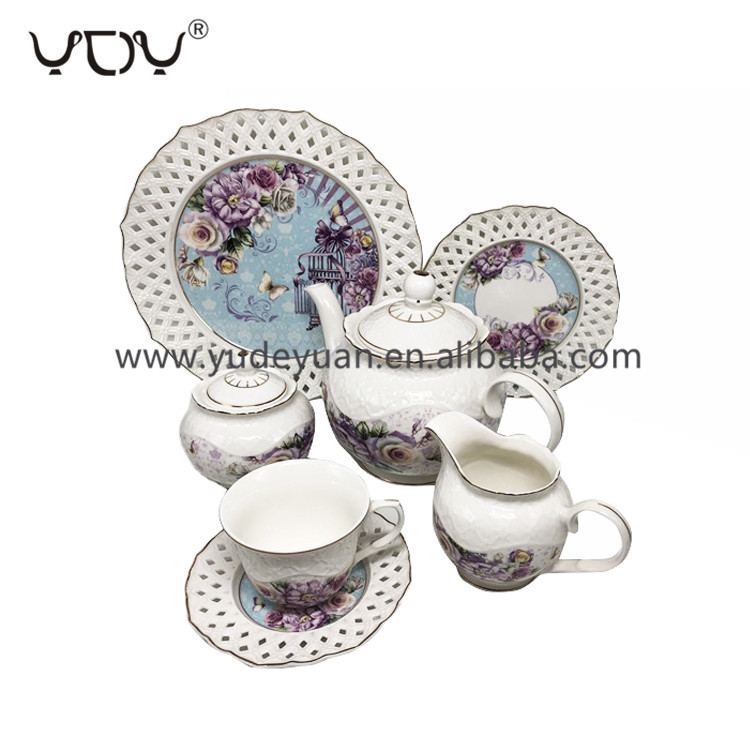 embossed design flower fancy pattern porcelain new bone 17pcs coffee tea set