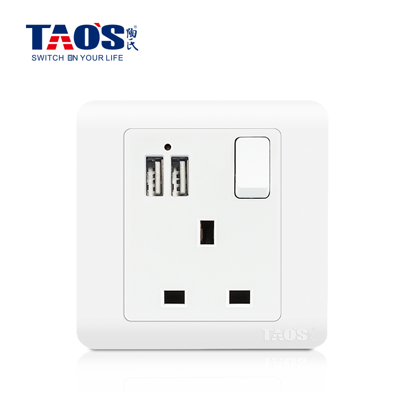 13A 1 gang switched socket, DP + 2*USB (2.1A shared) +neon (switch control USB)