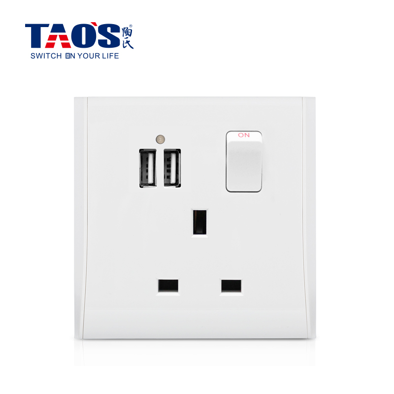 13A 1 gang switched socket, DP + 2*USB (2.1A shared) +neon (switch control USB)