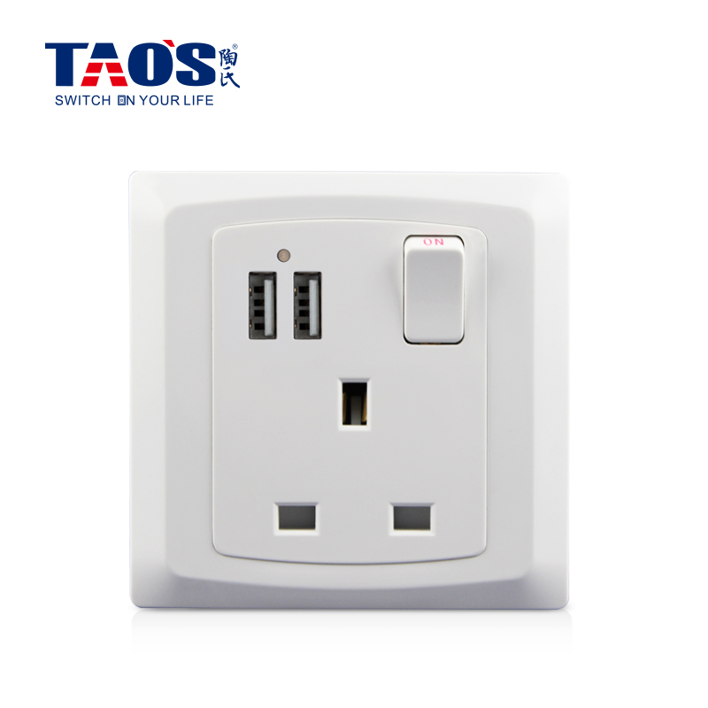 13A 1 gang switched socket, DP + 2*USB (2.1A shared) +neon (switch control USB)