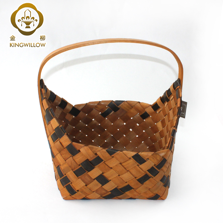 KINGWILLOW,Cheap wooden flower storage basket woodchip basket with handle