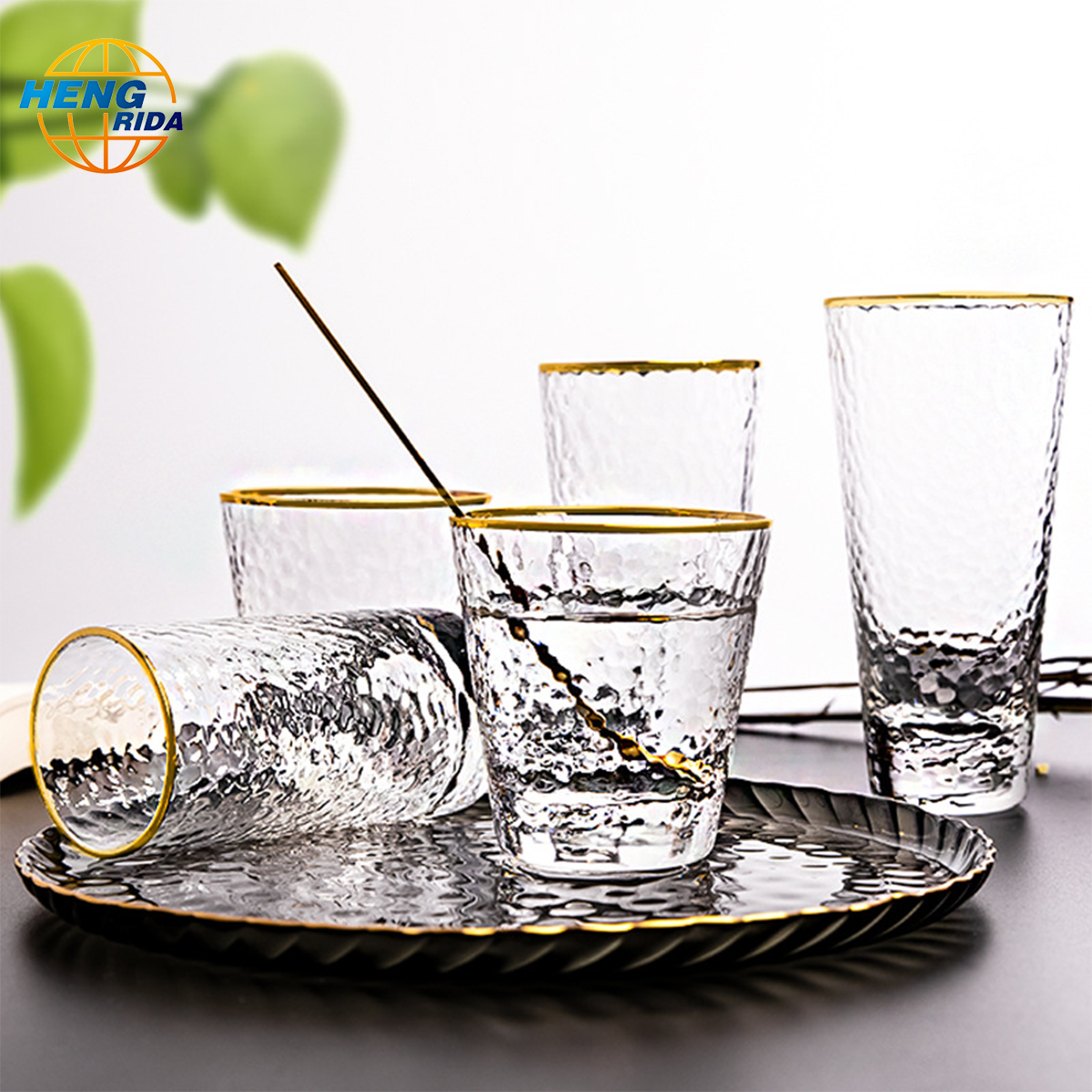 220ml 270ml 300ml 350ml Hammered Glass Cup with Exquisite Gilt Patterns