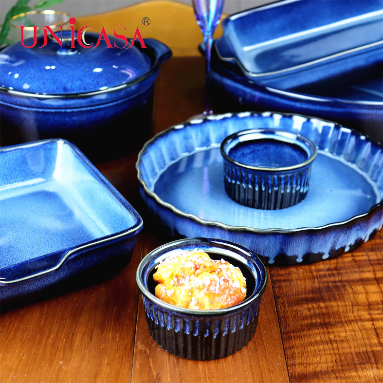 New Arrival Ceramic Bakeware Set 8 Pieces Baking Dishes Rectangular Bread Pan Fruit Plate Casserole and Ramekin For Daily Use Hotel