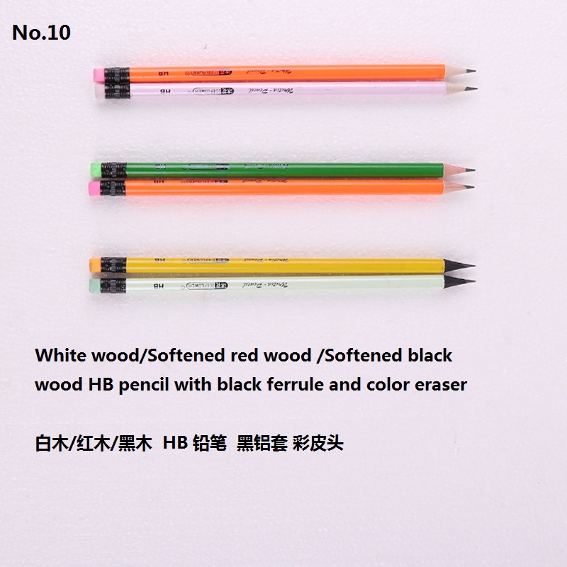White wood/Softened Red/Black wood HB pencil Black ferrule Color eraser