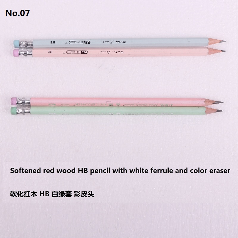 Softened red wood HB pencil White ferrule Color eraser