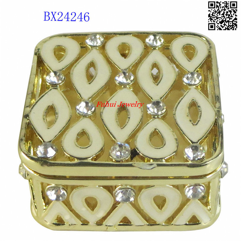 Home Decorative Jewelry Box Shiny Gold Metal (Zinc Alloy) Jeweled & Enameled Trinket Box for Gift
