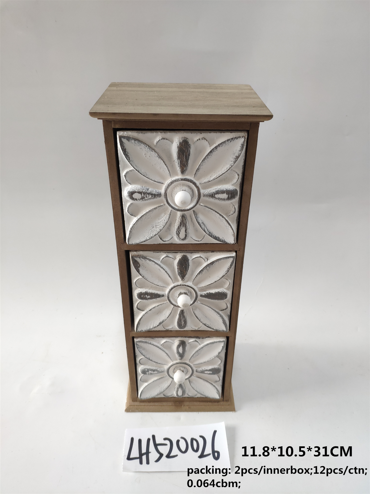 Retro laminated pattern vertical three grid drawer box small wooden cabinet