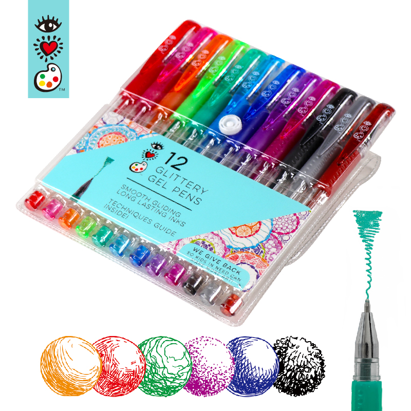 12 Colors Art Supply Drawing Glitter Color Gel Pen Set for Kids Adult Coloring