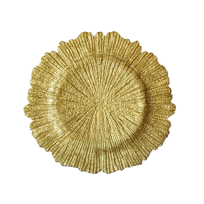 Hot sale high quality reef flora gold glass charger plates for wedding