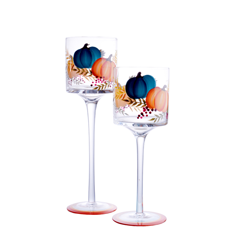 Halloween indoor long stem candlestick, pumpkin decal candle holder