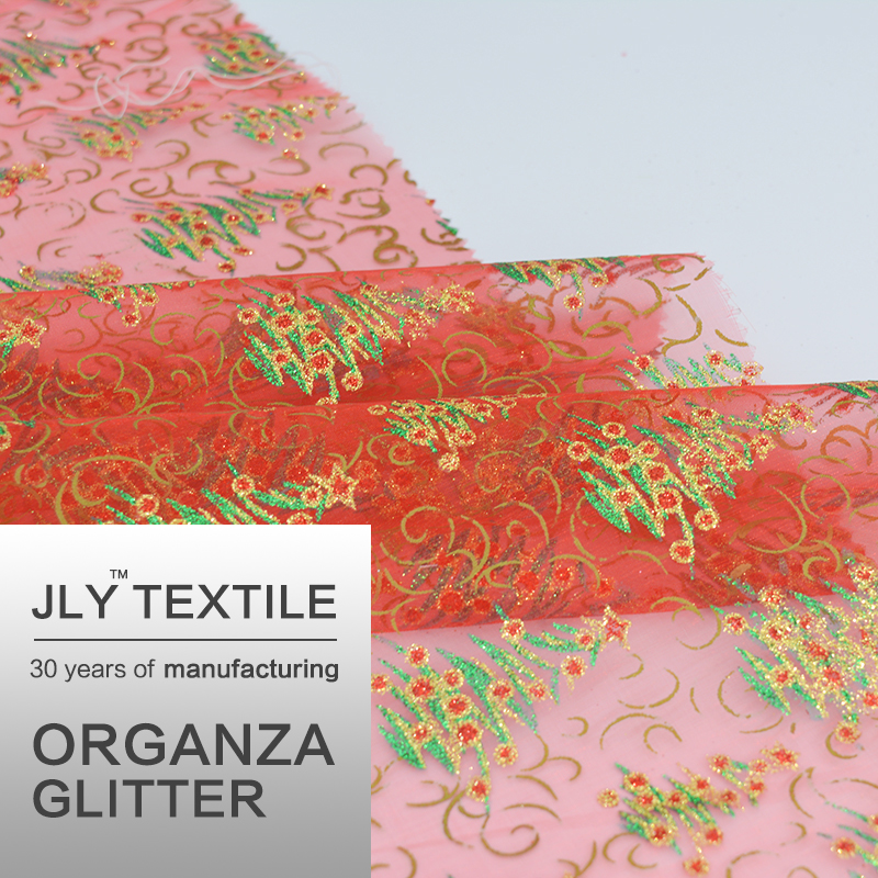 JLY Organza Fabric, Chrismas Tree Glitter Red For Clothing Dress Gift Package Wedding Party Decor Event Holiday Decorations