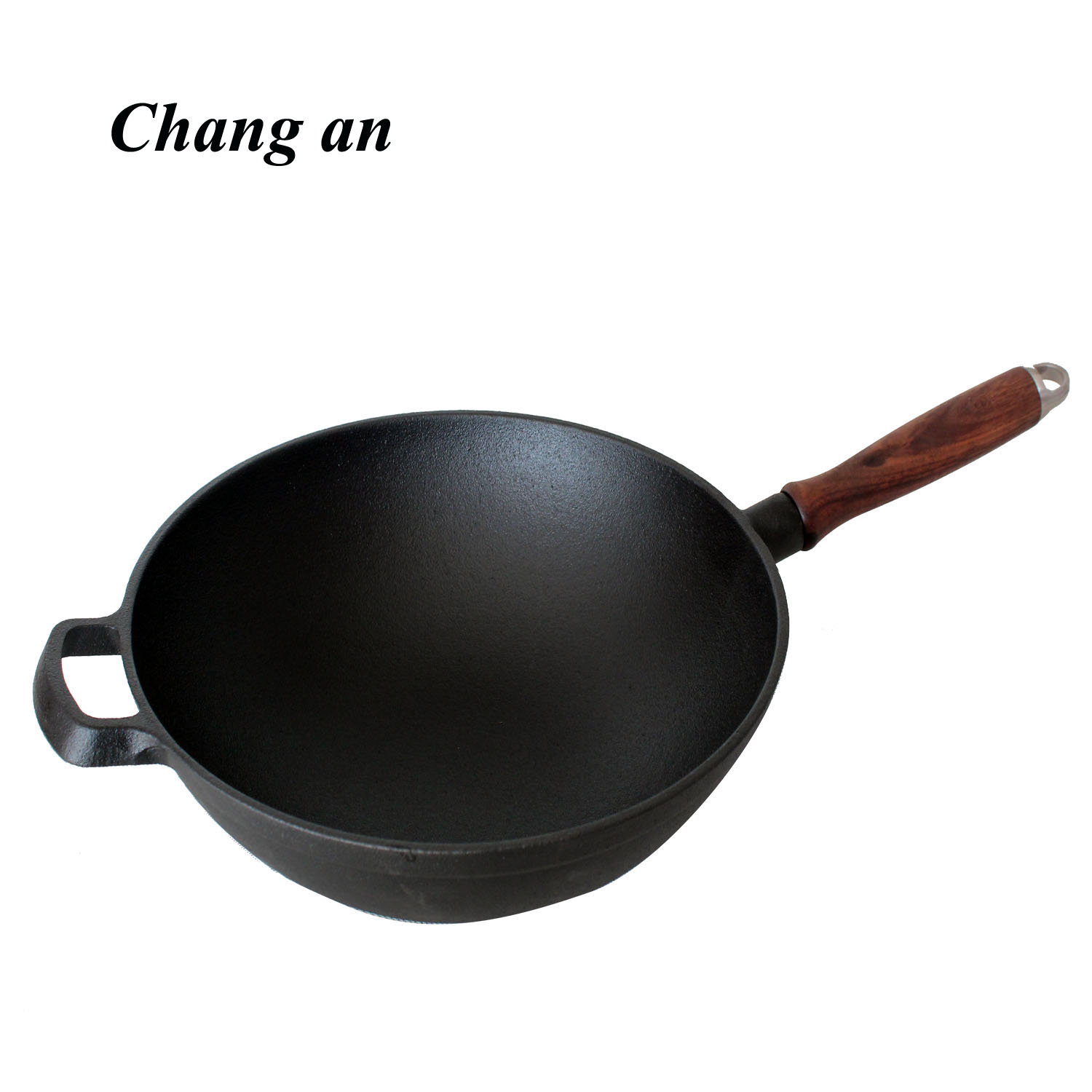 Cast iron Chinese wok with wooden handle