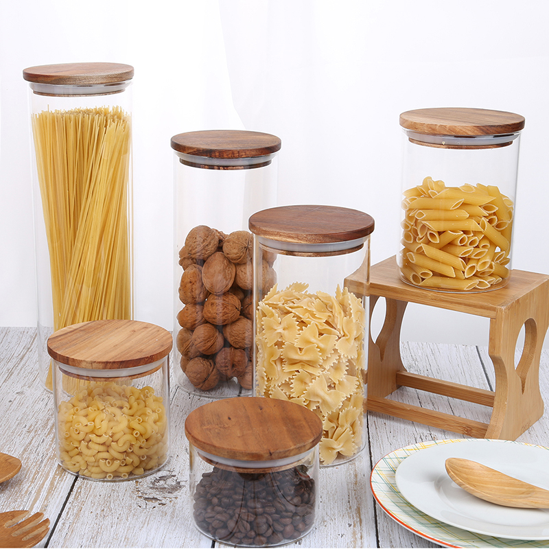 borosilicate glass canister with acacia lid， glass jar， glass canister