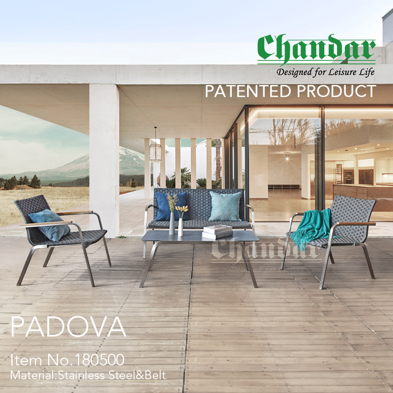 Outdoor Furniture with Plywood Armrest Stainless Steel Sofa Set Padova Garden Set with Belt & Rope