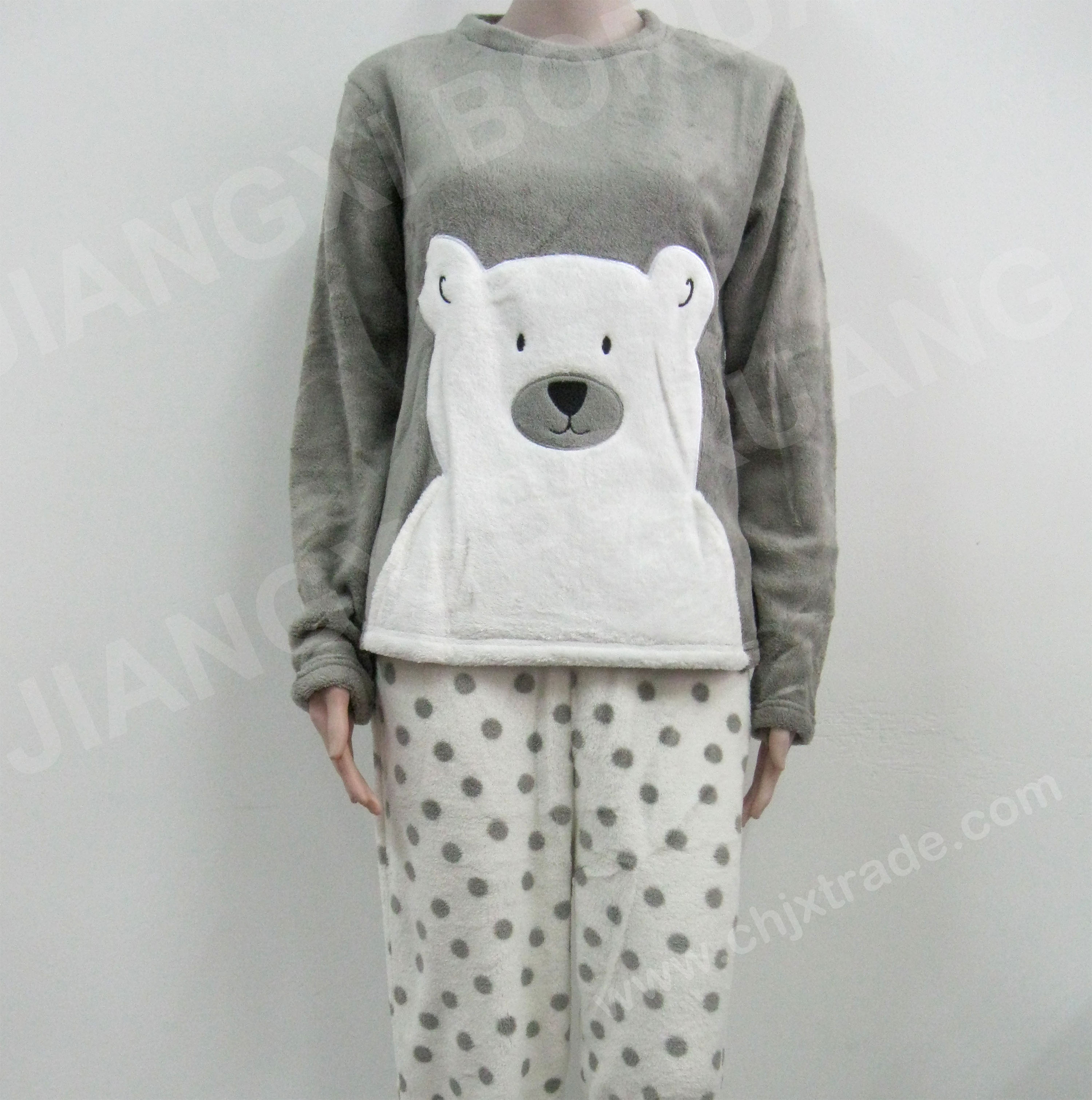 Womens Coral Fleece Pajama Set With Patch Embroidery