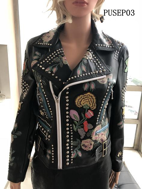 Ladies Print Embroider With Studs Pu Jacket