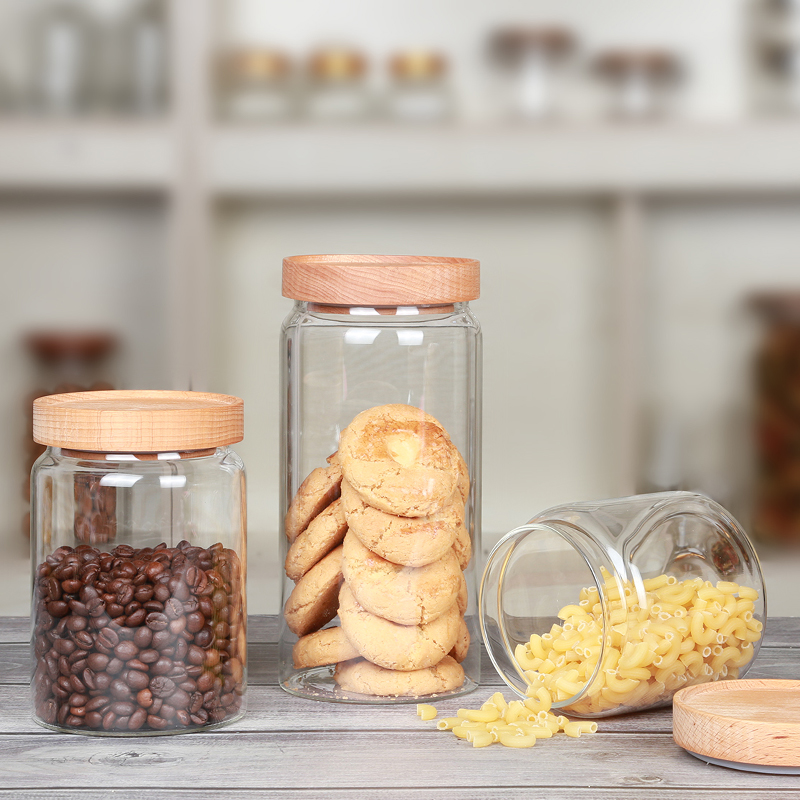 Narrow mouth borosilicate glass canister with groove beech wood lid (lid coating: corn oil）