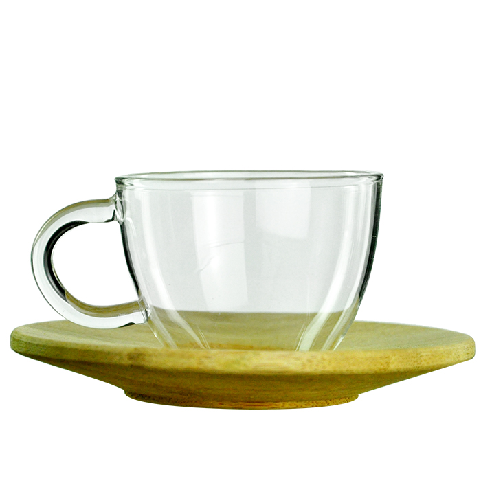 Cup and saucer set, 1 borosilicate glass cup, 1 bamboo saucer