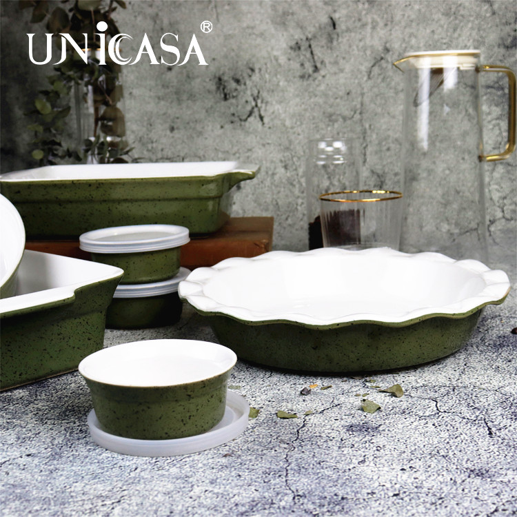 Ceramic bakeware set oven baking dish round casserole pie dish ovel baker rectangular baker ramekin with plastic lid