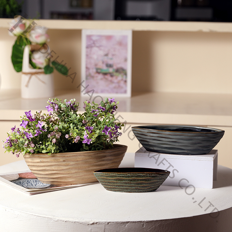Wave Pattern Stoneware Planter with Reactive Glazing