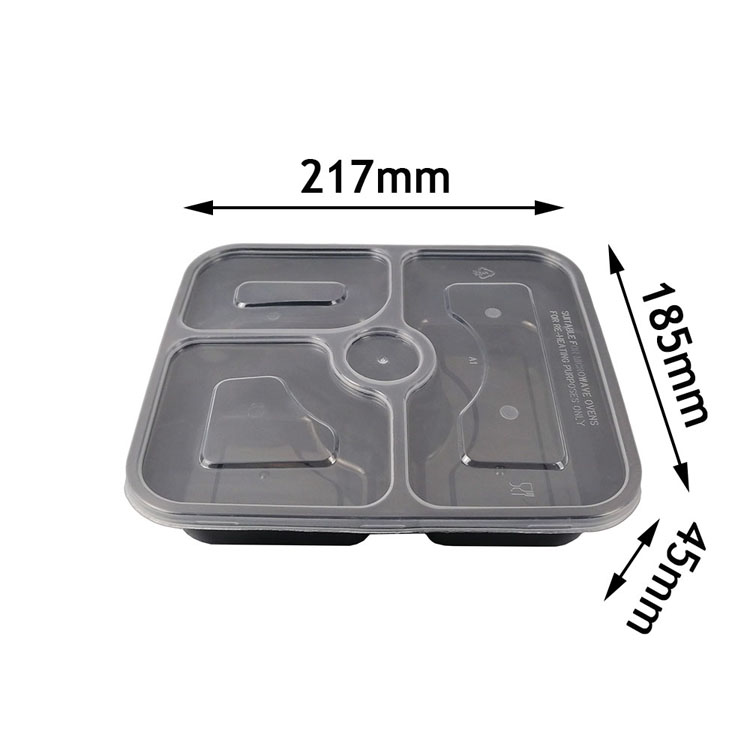 China Canton Fair Yiqiang 380 Disposable Plastic Takeaway Microwavable Black 5 Compartment Bento Lunch Food Container Box Manufacturer