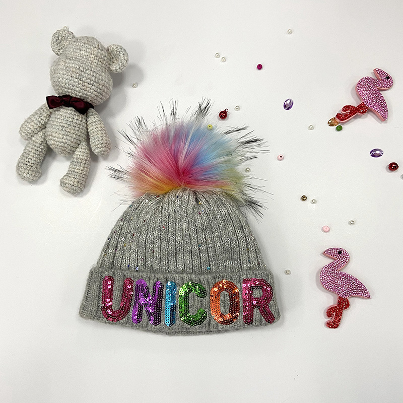 KH17 Girls Fashion Sequins Knitted Hat with Fur Pompom