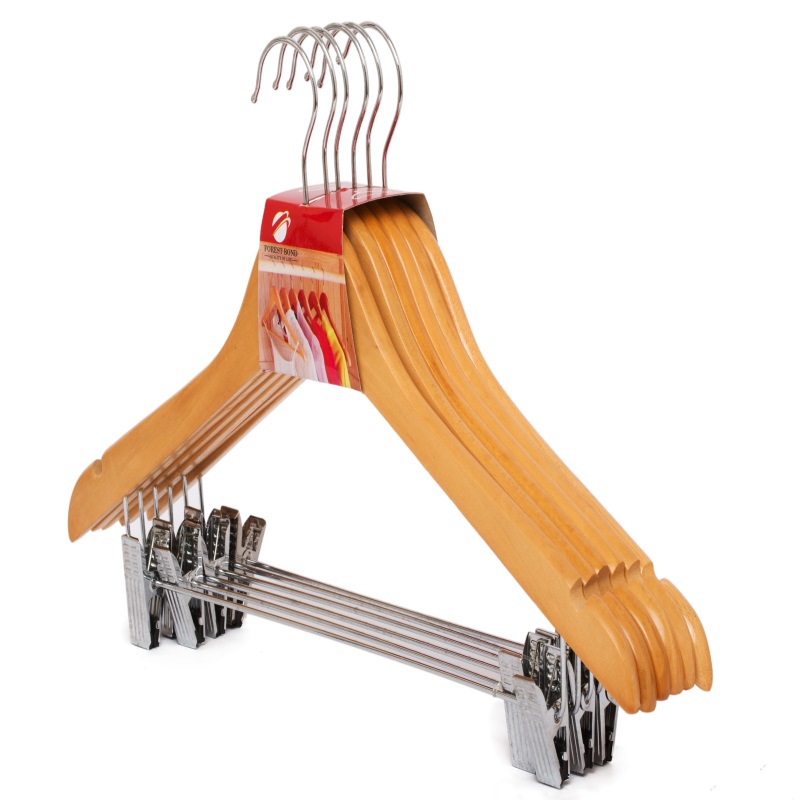 High quality natural wooden pant hanger with clips