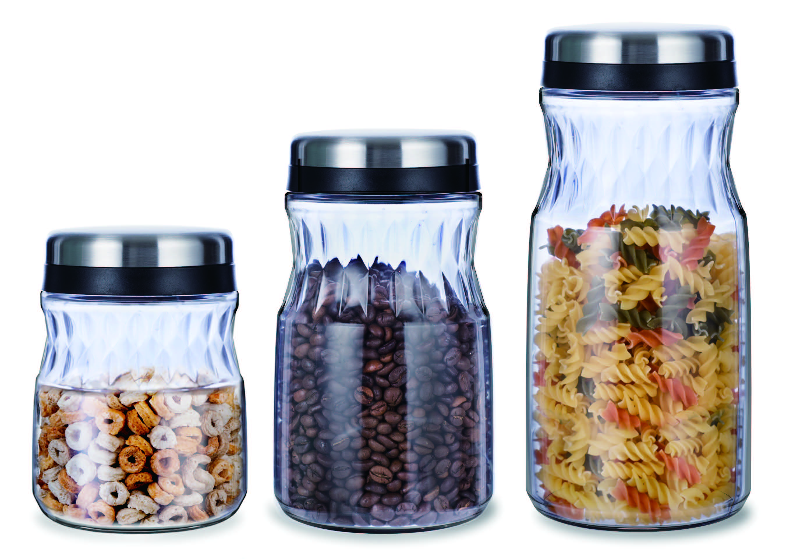 Easy - grip glass storage jar set with black and stainless-steel lid
