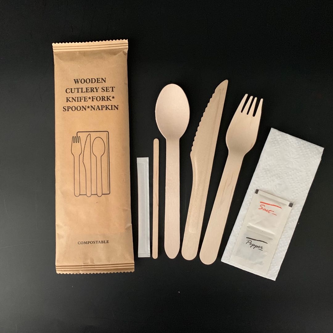 wooden disposable cutlery set pack YD-KIT 8 in 1