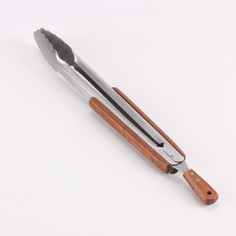Wooden handle BBQ food tongs