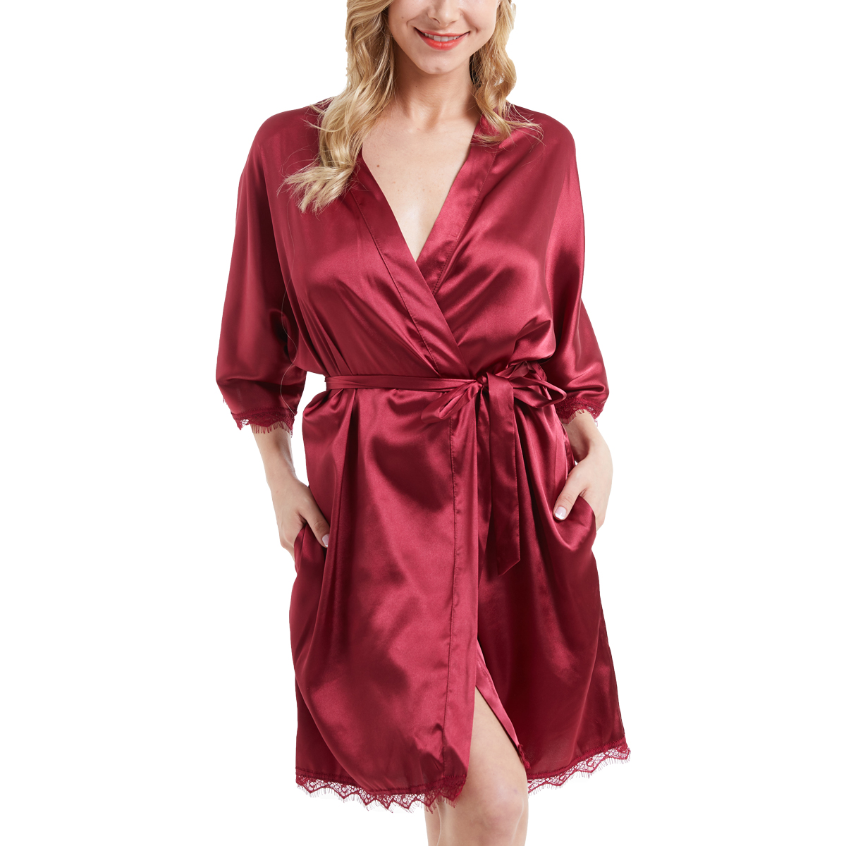 Women's Pure Color middle Long Satin Bathrobe Kimono lace Nightgown Long Dress Gown 012