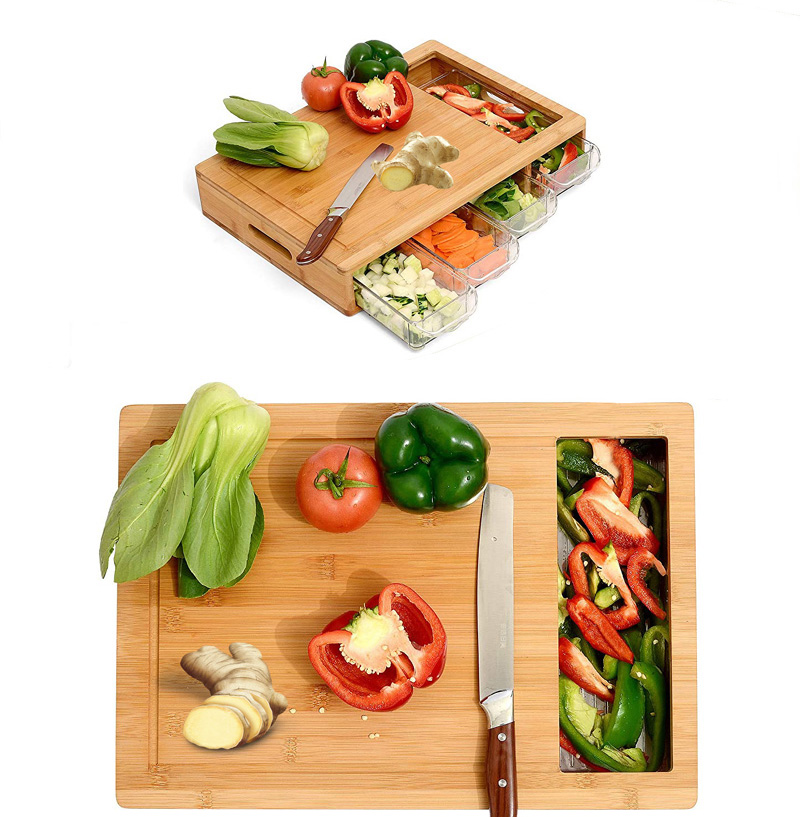Hot Selling Kitchen Large Bamboo Cutting Board Chopping Blocks With 4 Sliding Drawer Organizer Trays