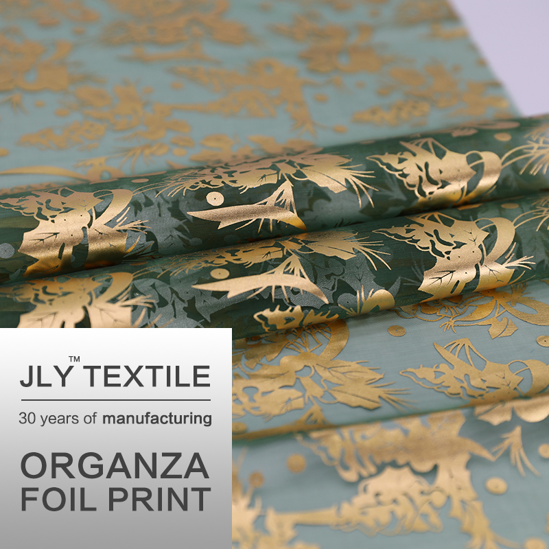 JLY Organza Fabric, Christmas Pattern Foil Print Green For Wedding Party Gift Decorations