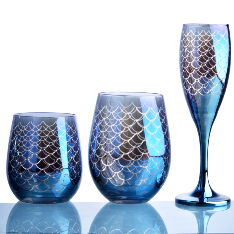 Electroplated blue wine glass suit with fish scale pattern