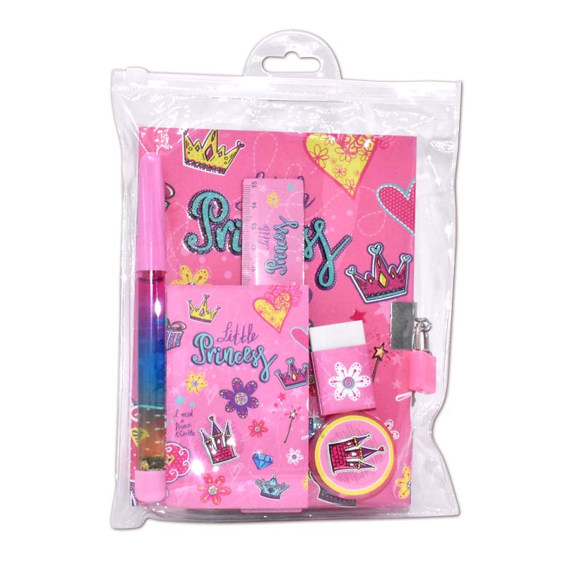 Padlock diary set with mini pad, and one ball pen, one eraser, one shaprpener and one ruler