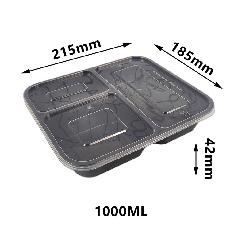 China Canton Fair Yiqiang 18533 Disposable Plastic Takeaway Microwavable Black 3 Compartment Bento Lunch Box/ Meal Prep Containers Manufacturer