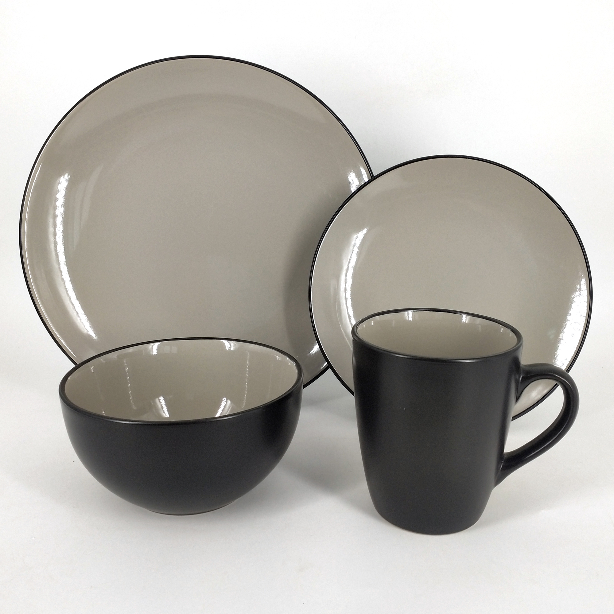Stoneware two tone color glazed 16pcs dinner set outside black inside coffee color