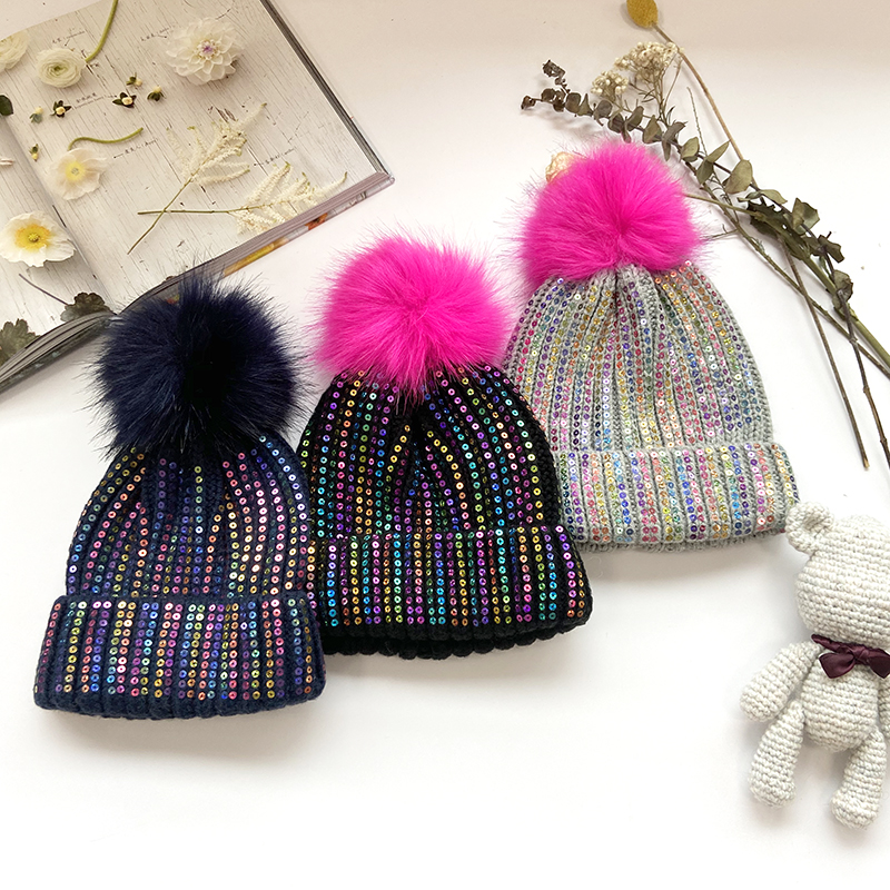 KH Girls Fashion Sequins Knitted Hat with Fur Pompom knit beanies winter beanie racoon fur bobble hat