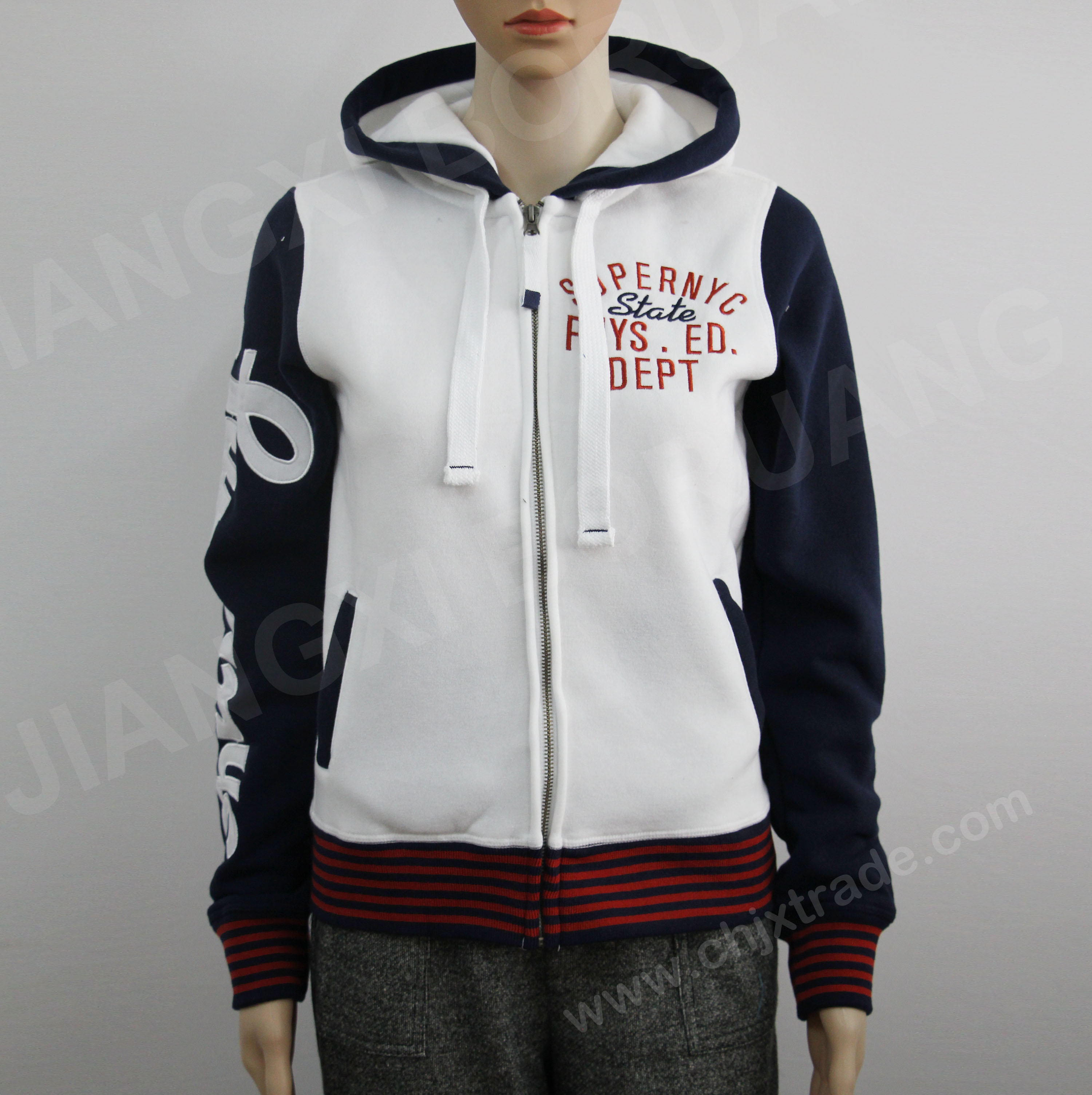 Womens 100%polyester Hood And Zip Fleece Jkt With Emb