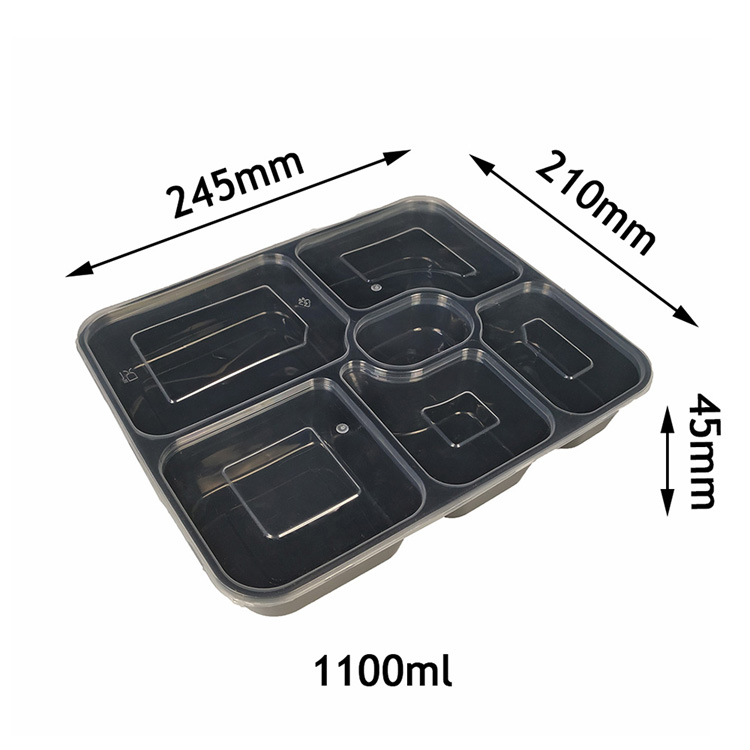 China Canton Fair Yiqiang 18537 Disposable Plastic Takeaway Microwavable Black 6 Compartment Bento Lunch Food Container Box Manufacturer
