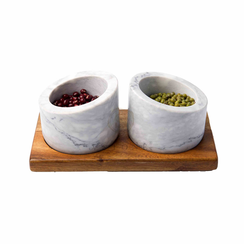 Set of 2 white grey marble salt and pepper storage jar with acacia wood base