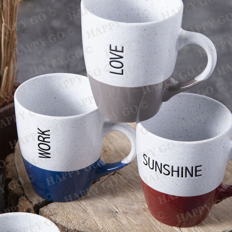 6OZ / 12OZ drum cup Half color glazed speckled design with silk screen printing stoneware breakfast tableware