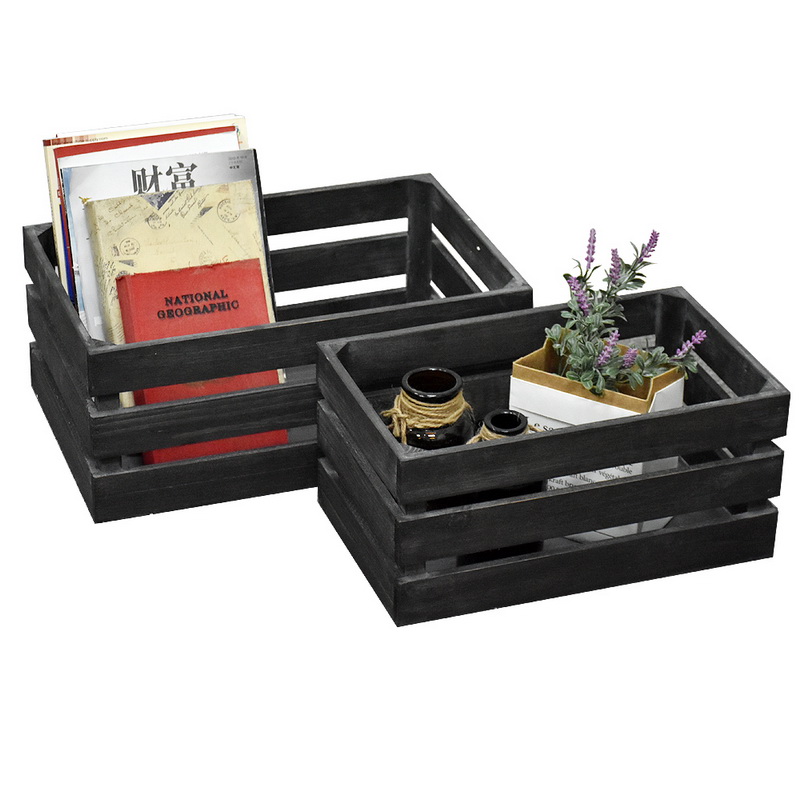 Luckywind LUCKYWIND Set of 2 Farmhouse Style Vintage Stained Black Wood Nesting Crates, Rustic Open Top Storage Pallet Boxes