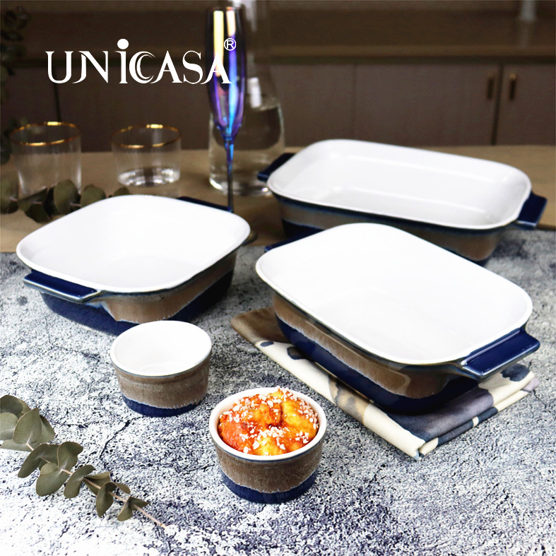 Amazon Hot Sale Ceramic Bakeware Set 5 Pieces Baking Dishes reangular baker Square baking dish and Ramekin For Daily Use Hotel