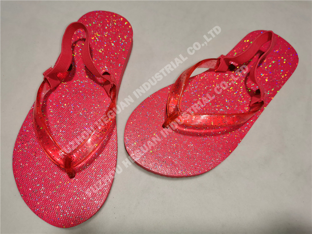 shimmering powder transferent elastic strap and shimmering printinggirl beach flip flops